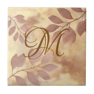 Faux Rose Gold leaves monogram Ceramic Tile