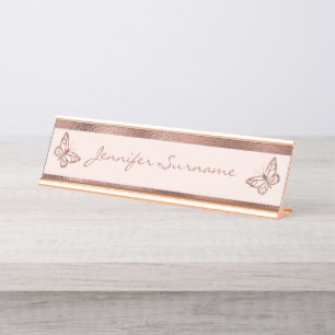 Faux Rose Gold Look-like Butterflies & Custom Text Desk Name Plate
