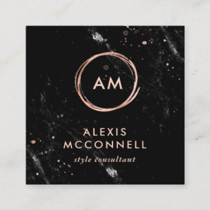Faux Rose Gold Look on Black Marble   Circle Square Business Card
