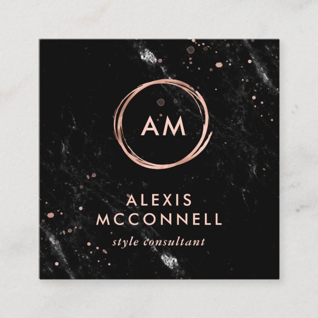 Faux Rose Gold Look on Black Marble | Circle Square Business Card (Front)