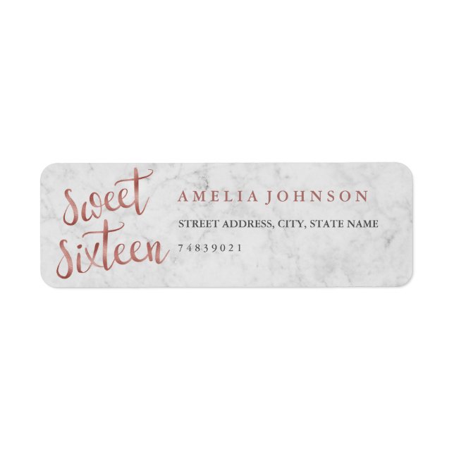 Faux Rose Gold Marble Sweet Sixteen Address Label (Front)