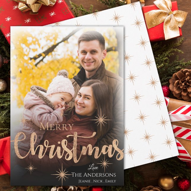 Faux Rose Gold Merry Christmas Photo  Holiday Card (Faux Rose Gold Merry Christmas Photo Holiday Card)