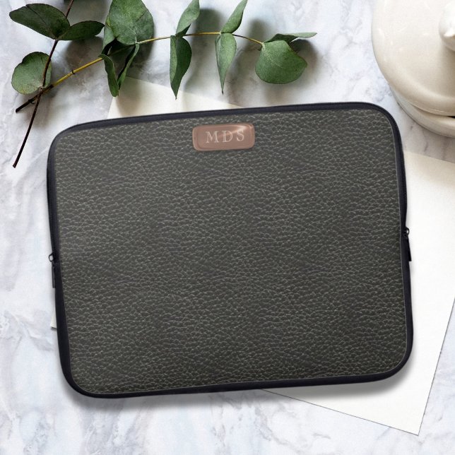 Faux Rose Gold Monogram Black Laptop Sleeve (Add your initials to this stylish black laptop sleeve)