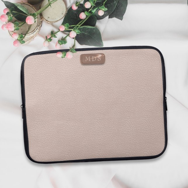 Faux Rose Gold Monogram Blush Pink Laptop Sleeve (A pretty blush pink faux leather look laptop sleeve with space for your initials)