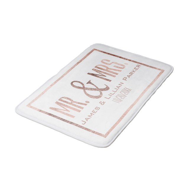 Faux Rose Gold Mr. and Mrs. Monogram Wedding Bath Mat (Angled)