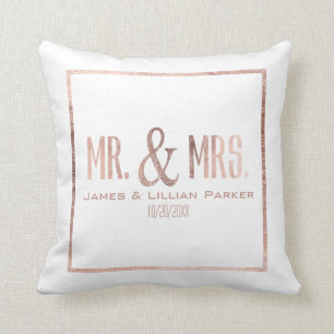 Faux Rose Gold Mr. and Mrs. Monogram Wedding Cushion