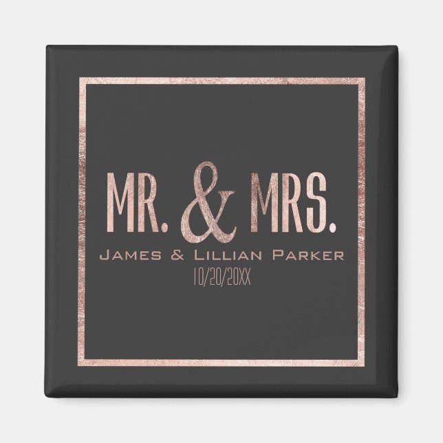 Faux Rose Gold Mr. and Mrs. Monogram Wedding Magnet (Front)
