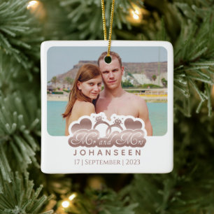Faux Rose Gold Mr and Mrs Newlywed Photo Christmas Ceramic Ornament