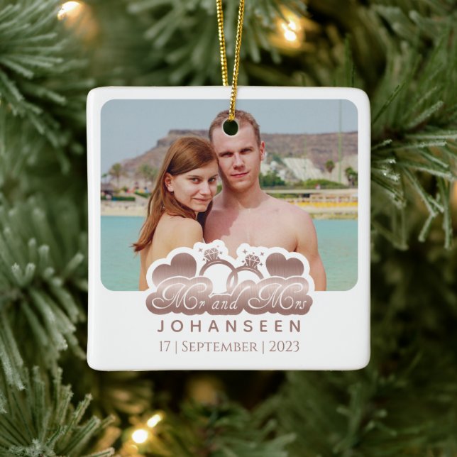 Faux Rose Gold Mr and Mrs Newlywed Photo Christmas Ceramic Ornament (Tree)