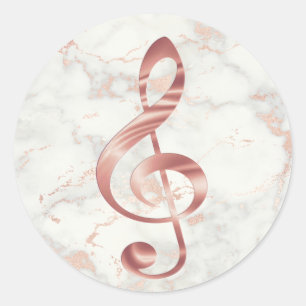 faux rose gold music treble clef on marble classic round sticker