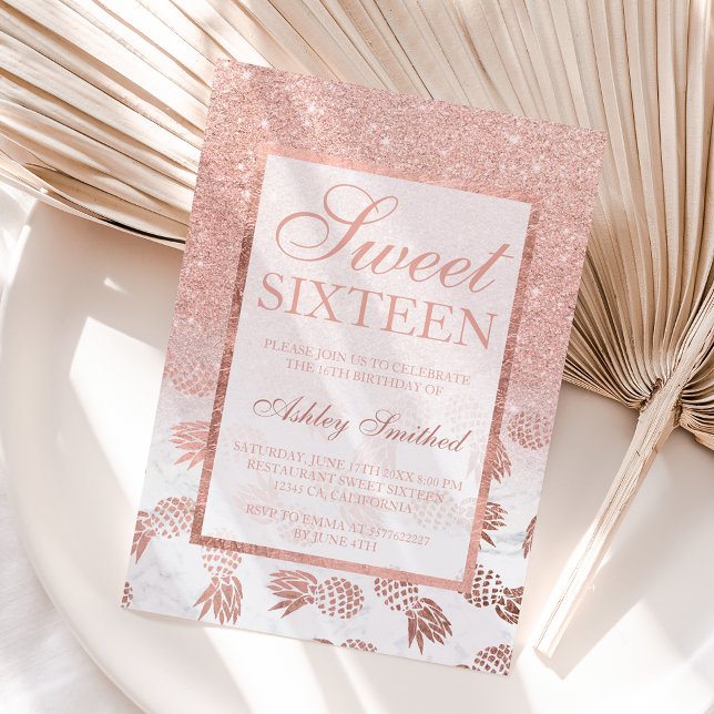 Faux rose gold ombre pineapples marble Sweet 16 Invitation (Creator Uploaded)