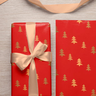 Faux Rose Gold Pine Trees Pattern Christmas Red Wrapping Paper
