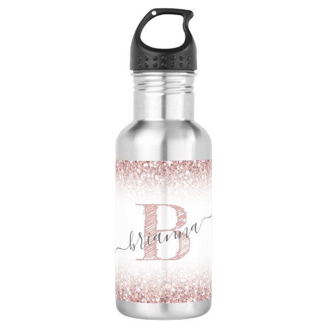 Faux Rose Gold Pink Glitter Monogram Name Cute 532 Ml Water Bottle (Front)