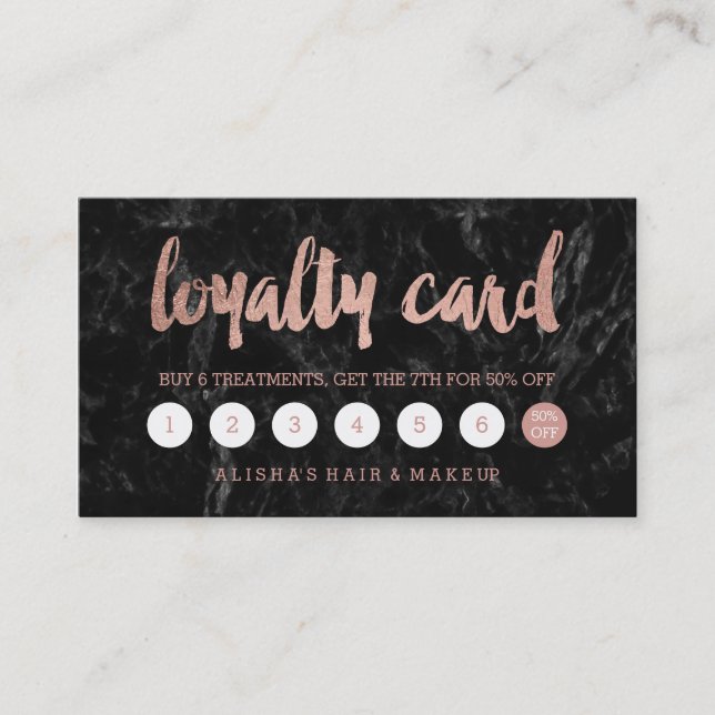 Faux rose gold script black marble loyalty card (Front)