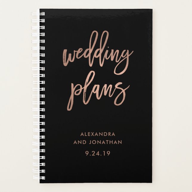 Faux Rose Gold Script on Black | Wedding Planner (Front)