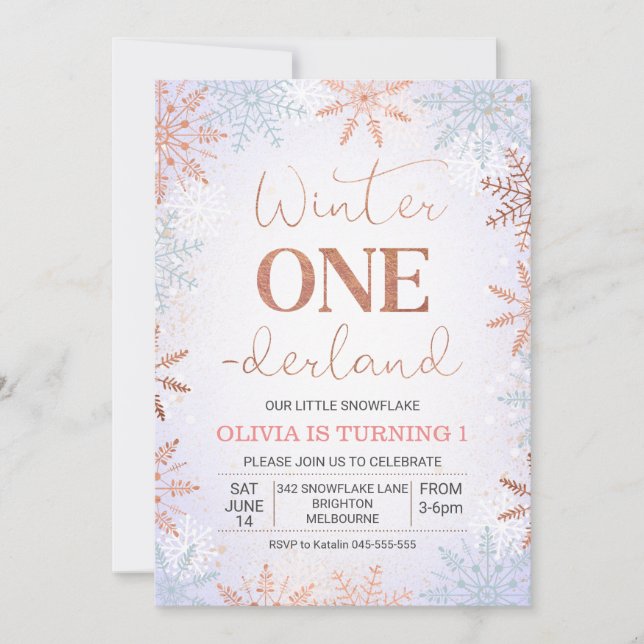 Faux Rose Gold Winter One-derland Birthday  Invitation (Front)