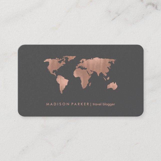 Faux Rose Gold World Map on Smoky Grey Business Card (Front)
