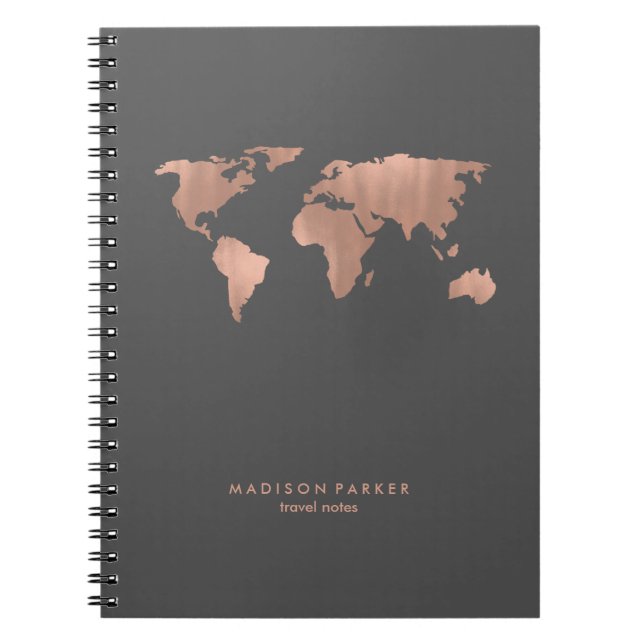 Faux Rose Gold World Map on Smoky Grey Spiral Notebook (Front)