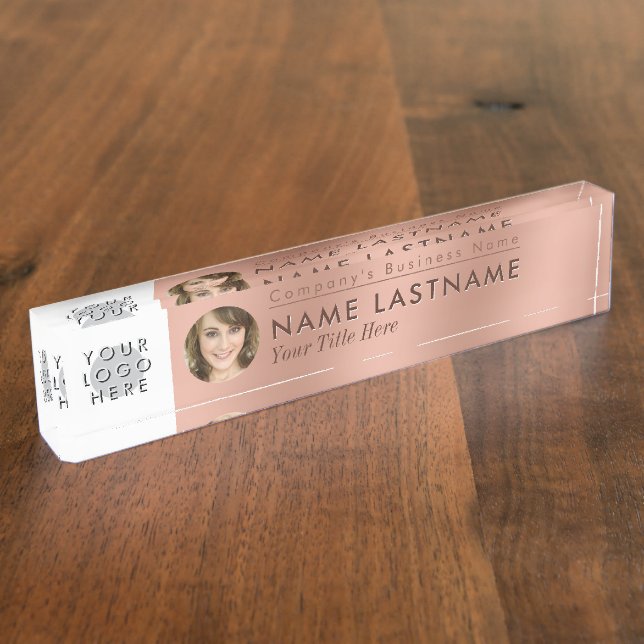 Faux Rose Gold Your Logo Photo Professional Nameplate (Side)