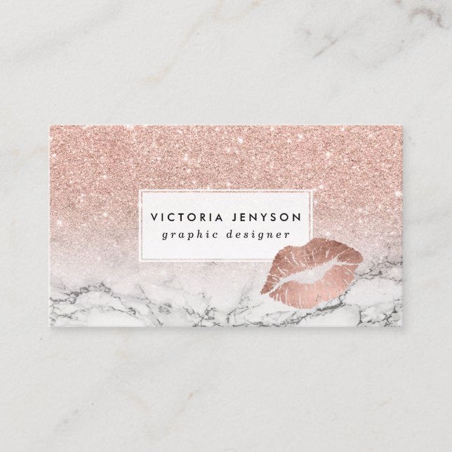 Faux rose pink glitter ombre white marble lips business card (Front)