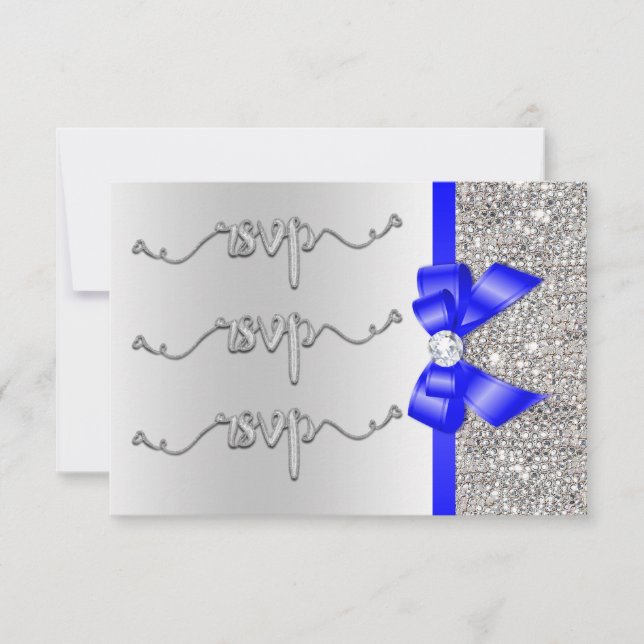 Faux Royal Blue Bow Silver Sequins RSVP Wedding Card (Front)