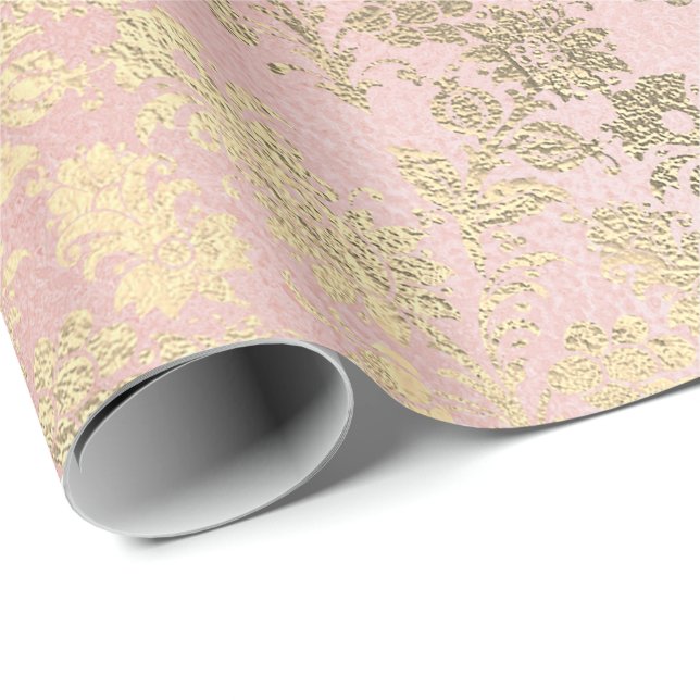 Faux Royal Gold Floral Powder Floral Pearly Pink Wrapping Paper (Roll Corner)