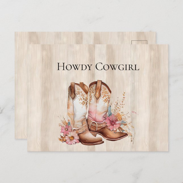 Faux Rustic Cream Wood Pink Rose Cowgirl Boots Postcard (Front/Back)