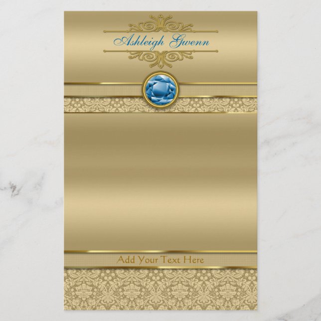 Faux Sapphire Blue Gemstone Metallic Gold Damask Stationery (Front)