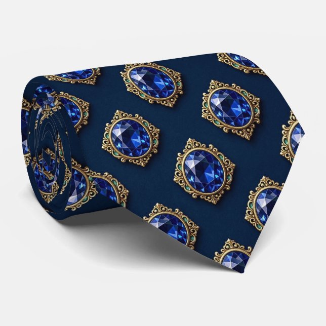 Faux Sapphires with Antique Gold Setting Blue Tie (Rolled)