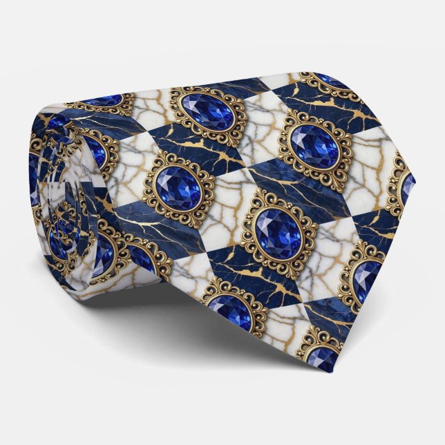 Faux Sapphires with Antique Gold Setting Blue Tie (Rolled)
