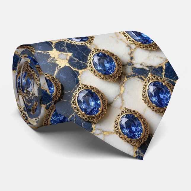Faux Sapphires with Antique Gold Setting Blue Tie (Rolled)