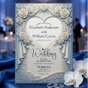 Faux Sculpted Romantic Blue Rose Drapery Heart Invitation