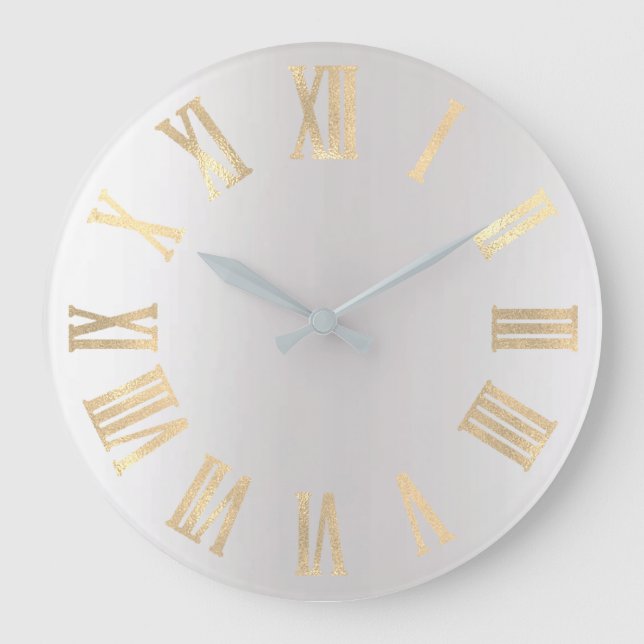 Faux Sepia Gold Grey Minimal Metallic Roman Numers Large Clock (Front)