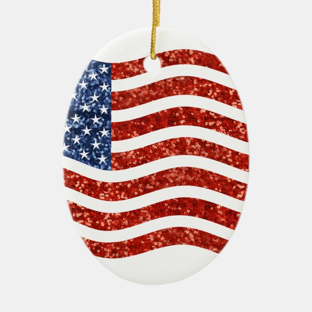 faux sequin print american flag ceramic tree decoration (Front)