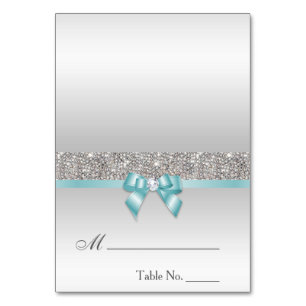 Faux Sequins Light Teal Blue Bow Place Card