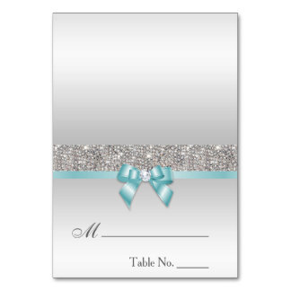 Faux Sequins Light Teal Blue Bow Place Card