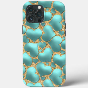 Faux Shiny Aqua Turquoise Blue Heart Art Pattern iPhone 13 Pro Max Case