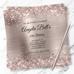 Faux Shiny Pink Champagne Glitter Foil Monogram Invitation