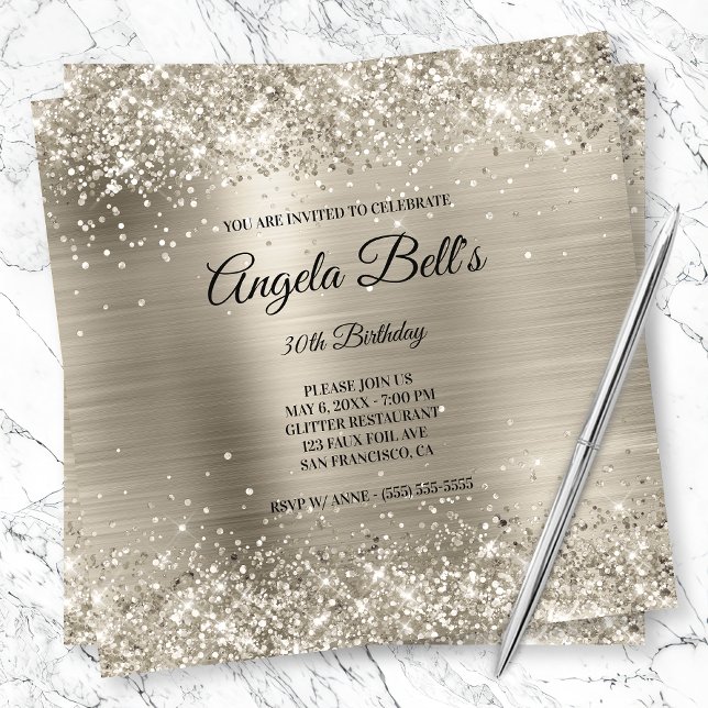 Faux Shiny Platinum Glitter Brushed Foil Monogram Invitation (Creator Uploaded)