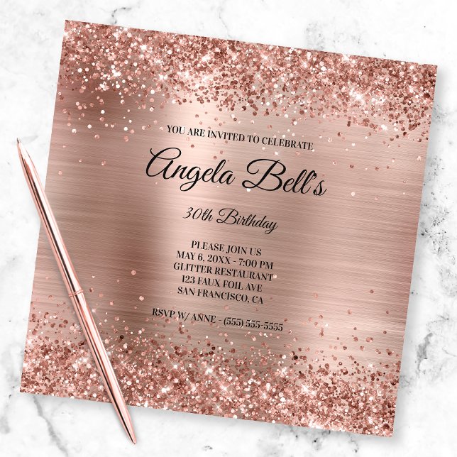 Faux Shiny Rose Gold Glitter Brushed Foil Monogram Invitation (Create your own milestone birthday invitation for her.)