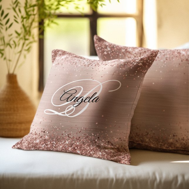 Faux Shiny Rose Gold Glitter Foil Fancy Monogram Cushion (Rose Gold Glitter Foil Fancy Monogram Throw Pillow)