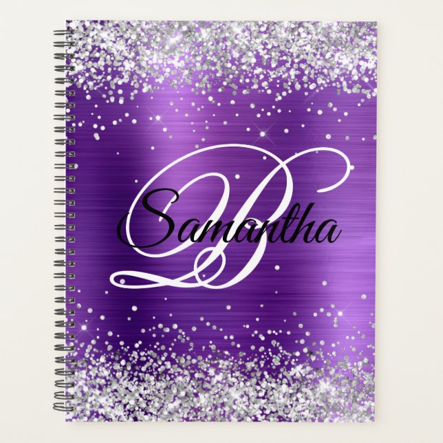 Faux Shiny Silver Glitter Amethyst Foil Monogram Planner (Front)