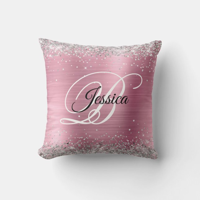 Faux Shiny Silver Glitter and Pink Foil Monogram Cushion (Front)