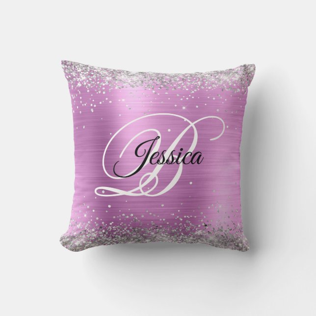 Faux Shiny Silver Glitter Lavender Foil Monogram Cushion (Front)