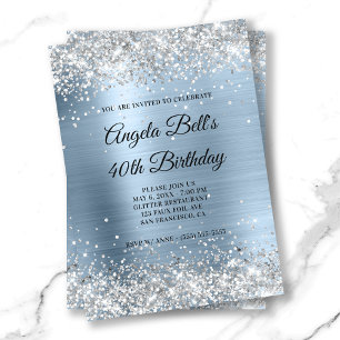 Faux Shiny Silver Glitter Pale Blue Foil Monogram Invitation