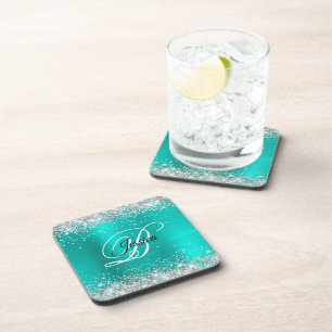 Faux Shiny Silver Glitter Turquoise Foil Monogram Coaster