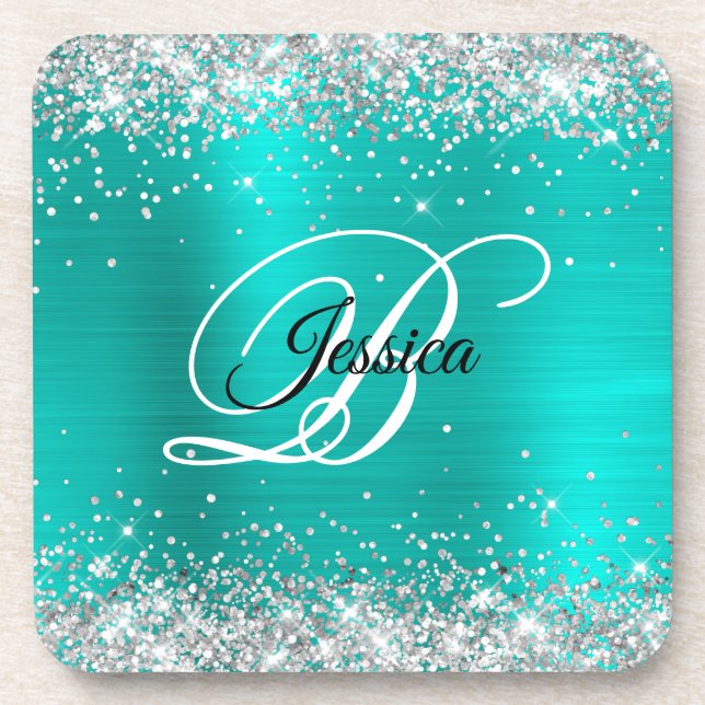 Faux Shiny Silver Glitter Turquoise Foil Monogram Coaster (Front)