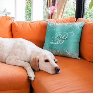 Faux Shiny Silver Glitter Turquoise Foil Monogram Cushion
