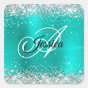 Faux Shiny Silver Glitter Turquoise Foil Monogram Square Sticker