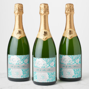 Faux Silk Embossed Illusion Rose/Teal  Sparkling Wine Label